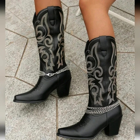 Embroidered Thick Heel Western Style Boots With Chain Strap, Cowboy Boots